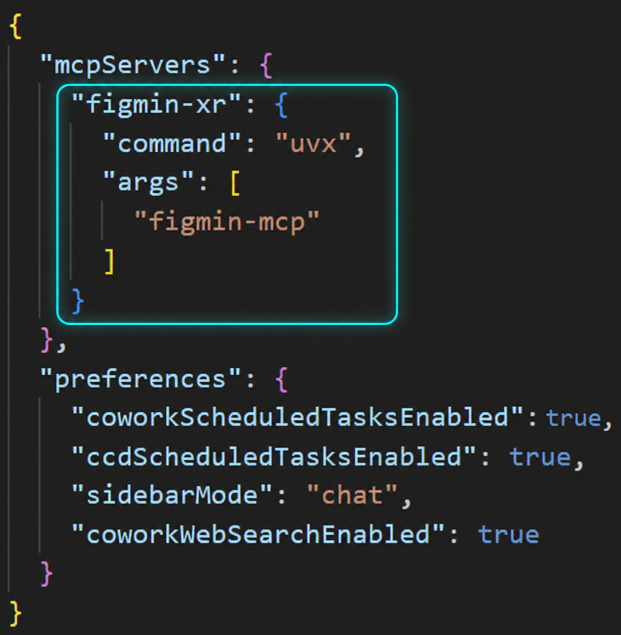 Claude Desktop MCP config file with the Figmin XR server entry highlighted