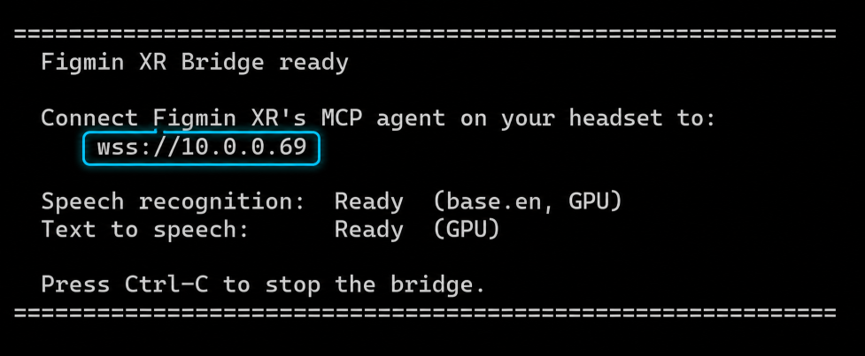 Figmin XR bridge terminal ready message with the connection address highlighted