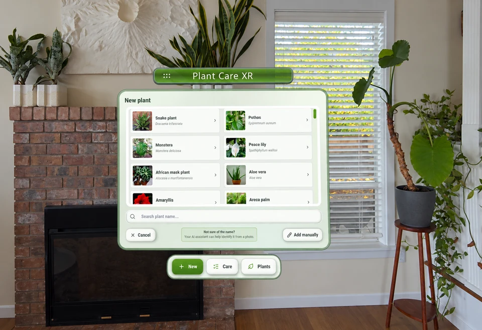 The searchable plant catalog, with photos, common names, scientific names, and an option to add manually.