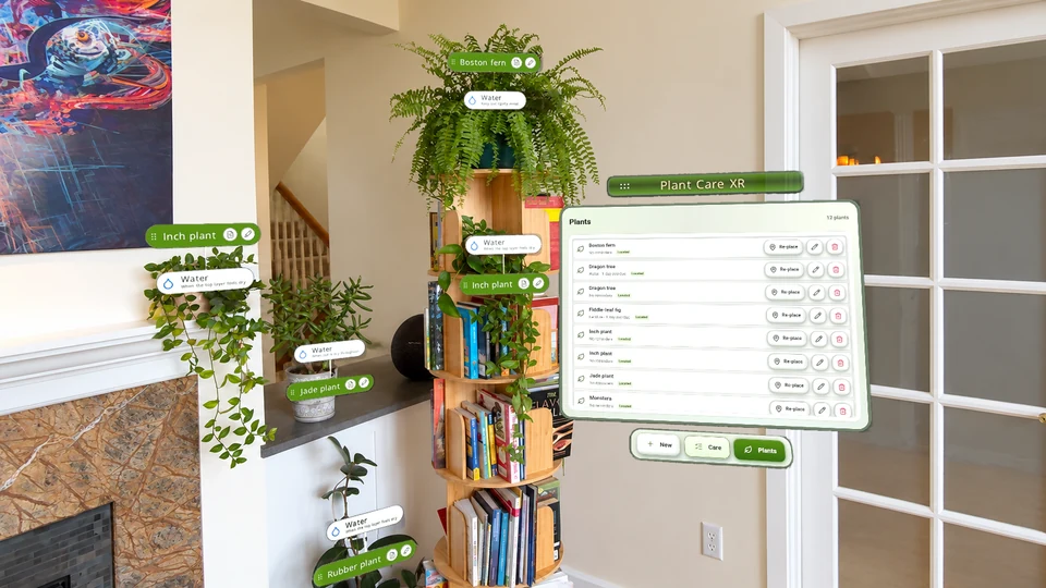 A room full of plants, each with its own spatial marker, alongside the Plants overview.