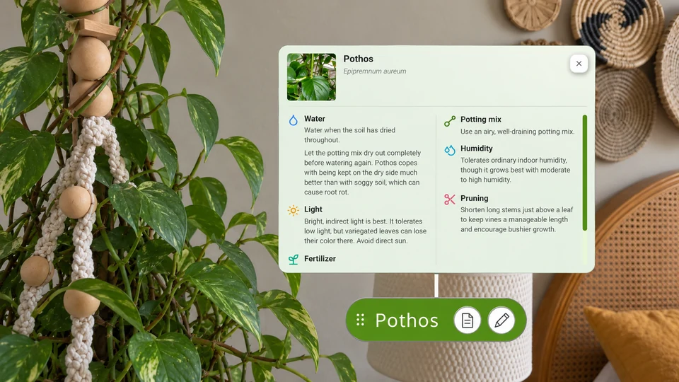 A Pothos care guide beside the plant and its marker, showing watering, light, potting mix, humidity, and pruning advice.