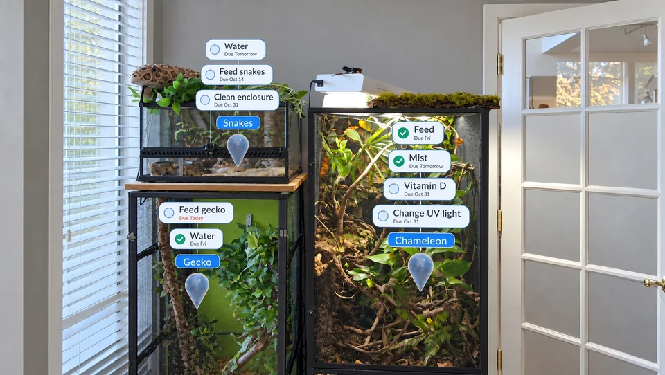 Feeding, watering, and maintenance reminders placed beside three pet enclosures.