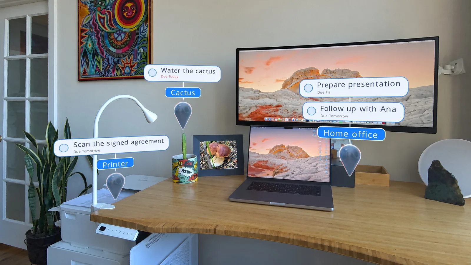 Spatial Tasks reminders beside a printer, a plant, and a home office desk.