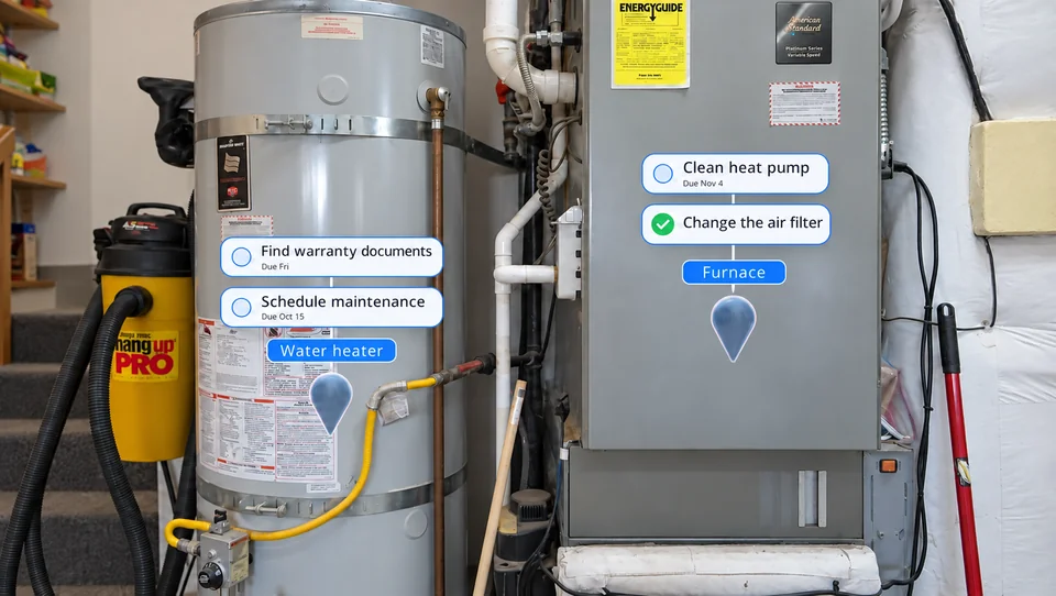 Maintenance reminders attached to a water heater and furnace, including a completed air-filter change.