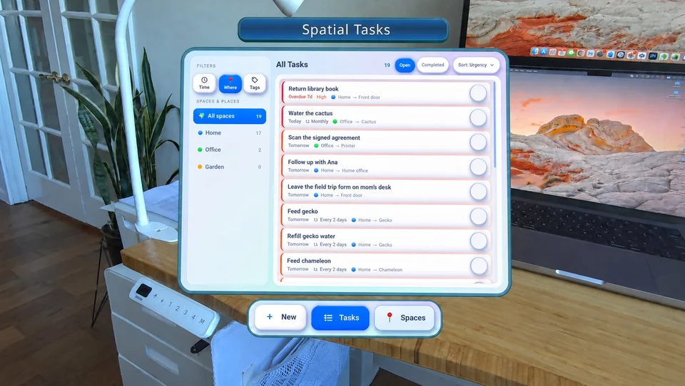 The Spatial Tasks overview with time, place, and tag filters and a list of upcoming tasks.